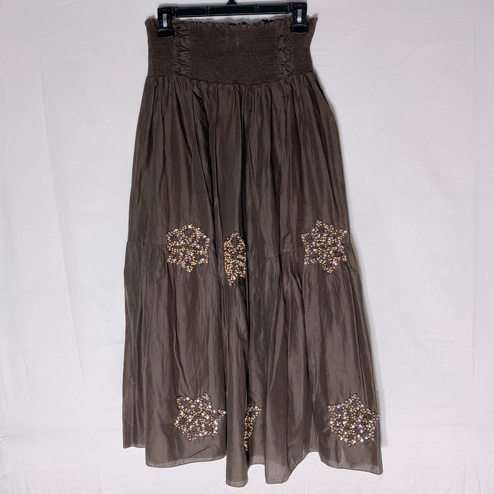 Vintage Y2K Guess Jeans Brown Boho Maxi Skirt with Beaded Embellishments S